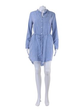 Light Blue Button-Front Shirt Dress with Tie Waist